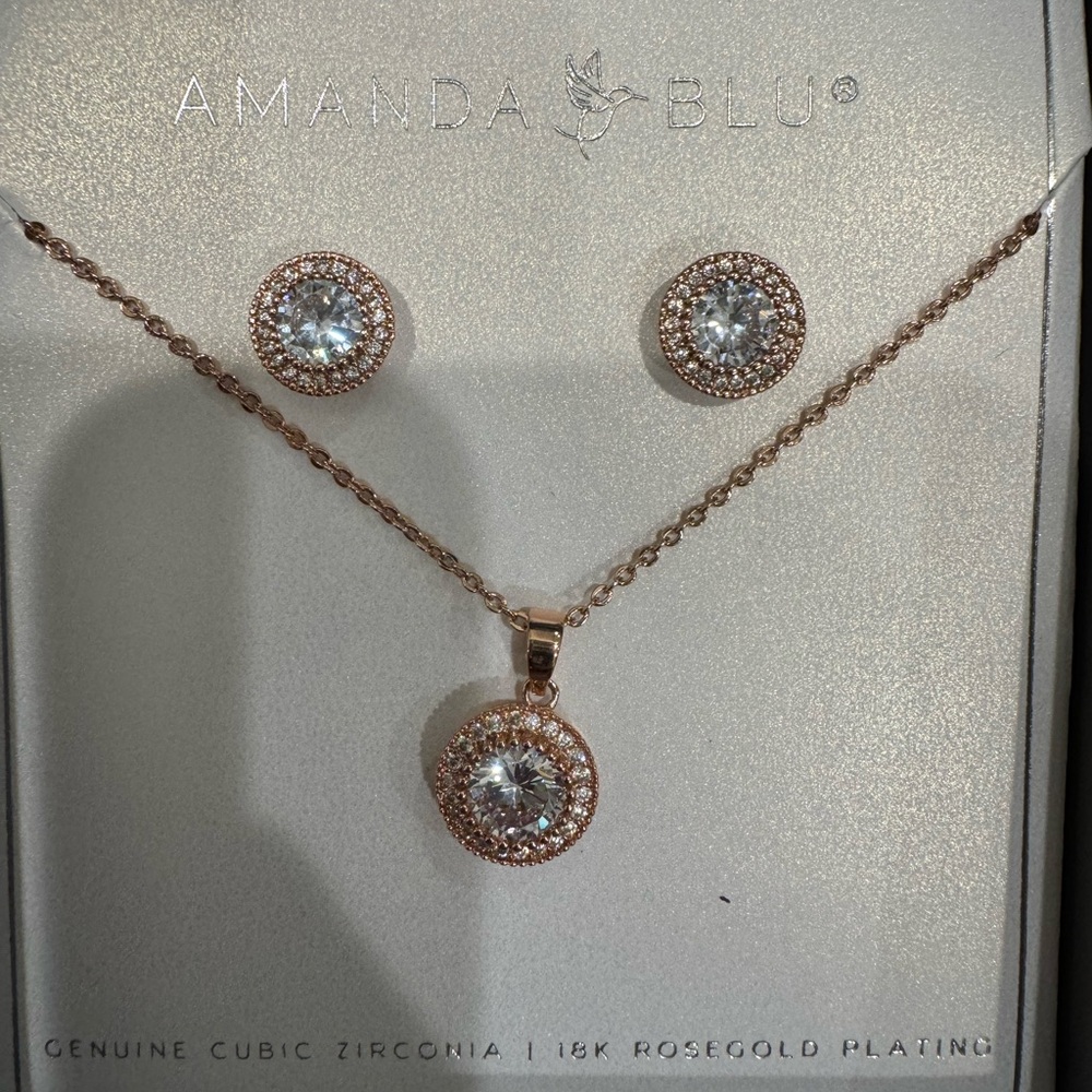 Rose Gold Earrings and Necklace with Cubic Zirconia